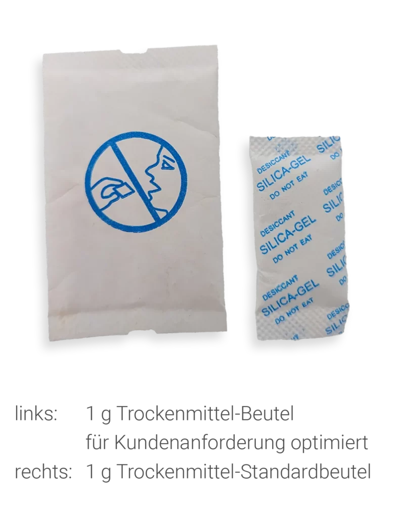 1g Trockenmittelbeutel im Vergleich: links: 1 g Tockenmittelbeutel - Spezialanfertigung für definierte Anforderungen; rechts: Standardbeutel 1 g - Pharma - Case Study 1